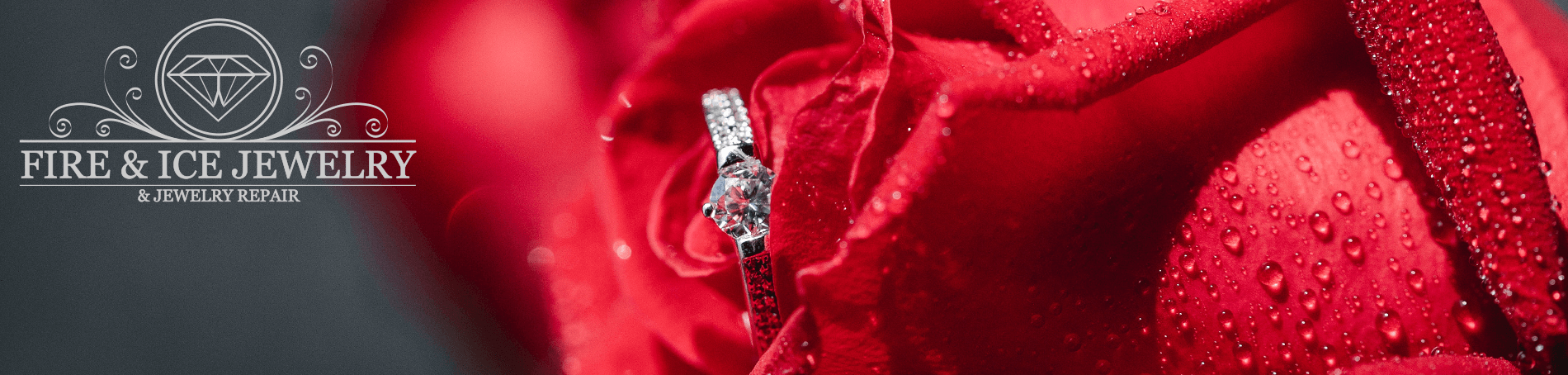 Image of a diamond ring nestled int he petals of a red rose, with the logo of Rire and Ice on the left