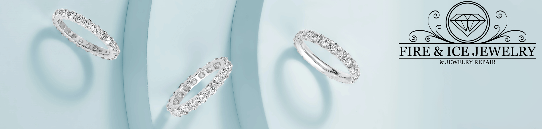 Image of three diamond rings on a light background with the Fire and Ice logo to the top right