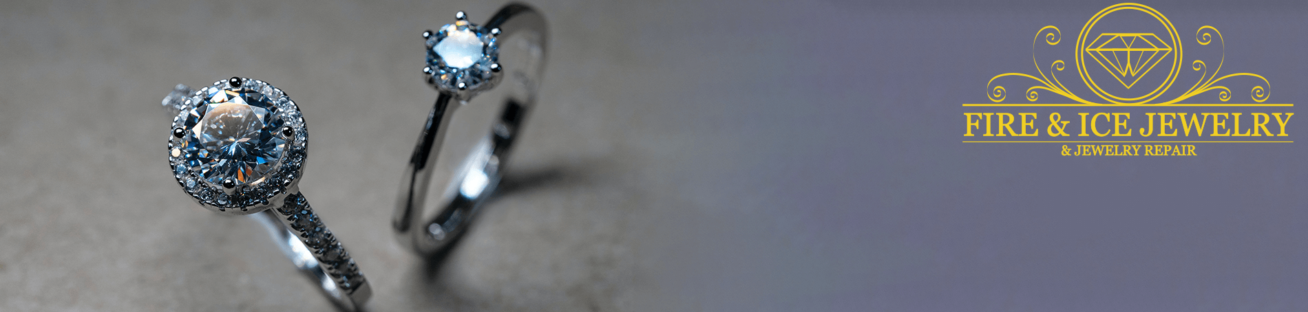 Image of two rings on a darker background witht eh logo of Fire and Ice in the top right